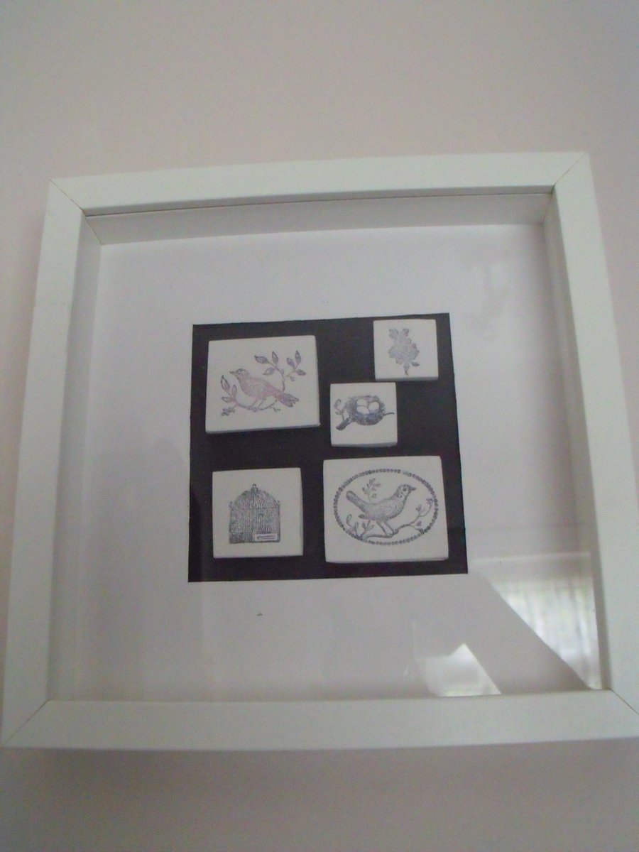 clay mosaic style bird related picture in monochrome, 10 x 10 inches