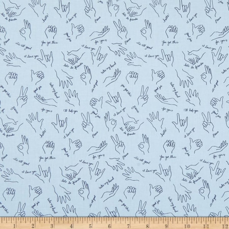 Fat Quarter Helping Hands Sign Language On Blue 100% Cotton Fabric