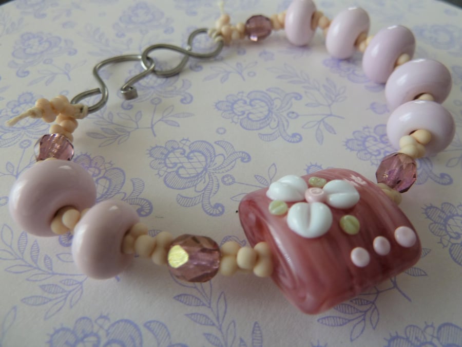 pink flower lampwork bracelet