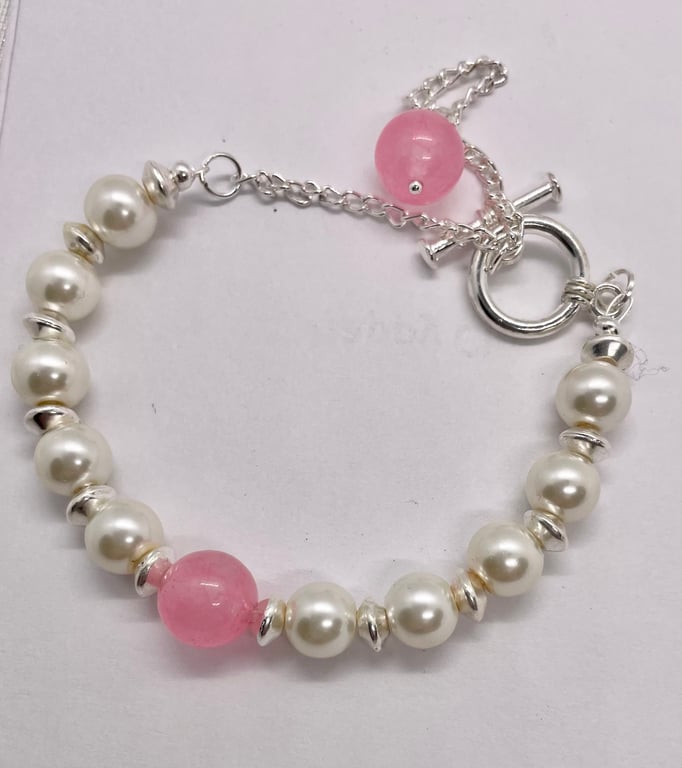 Pearl and Rose Pink Jade Bead Bracelet 