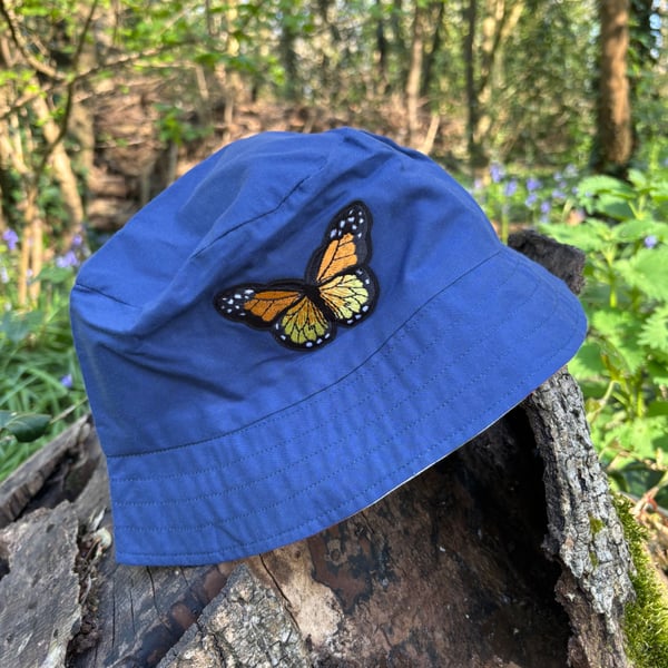 Blue & sunflower reversible bucket hat with butterfly 
