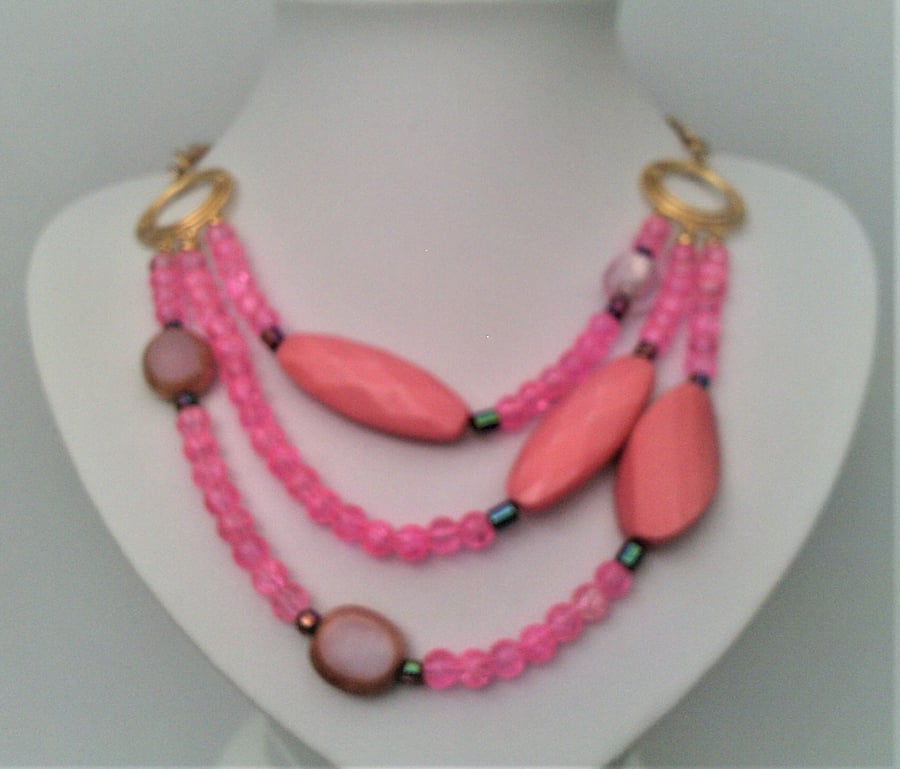 Pink and Gold Layered Bead Necklace, Gold Plated Three Strand Bead Jewellery