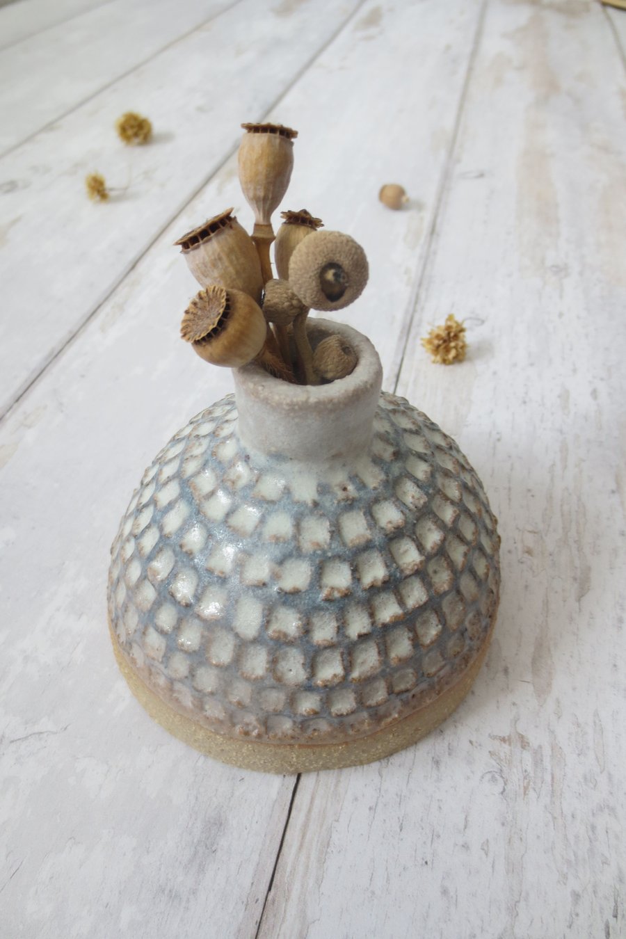 BUD VASE hand-built stoneware pottery textured vase in pale sea-green