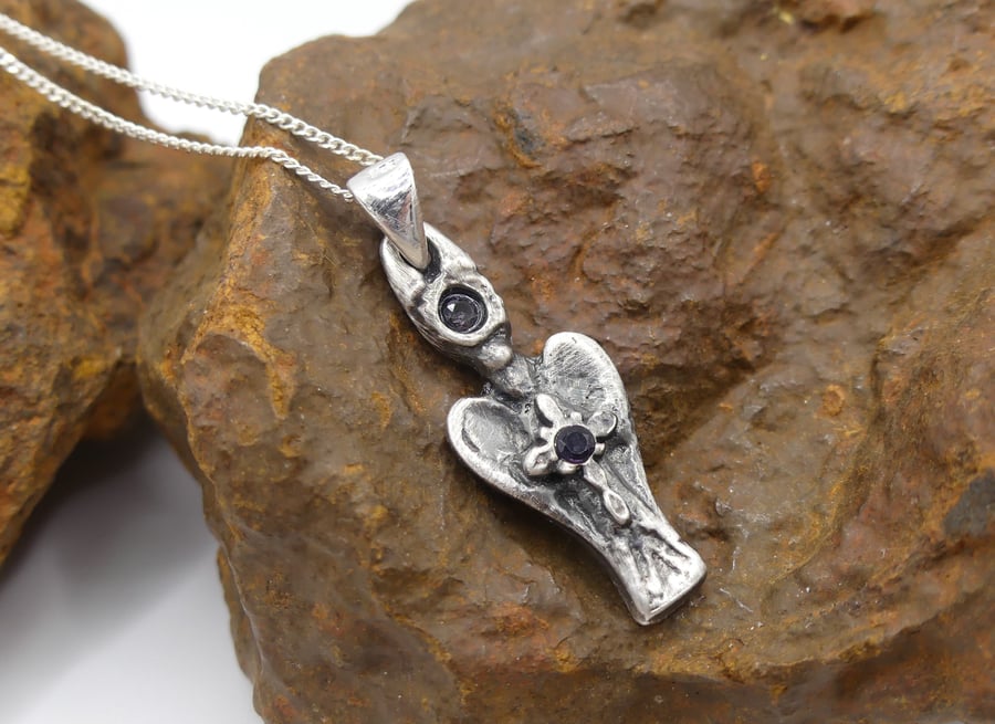 Fine Silver Angel with Cross & Two Amethyst Gemstones Pendant Necklace.