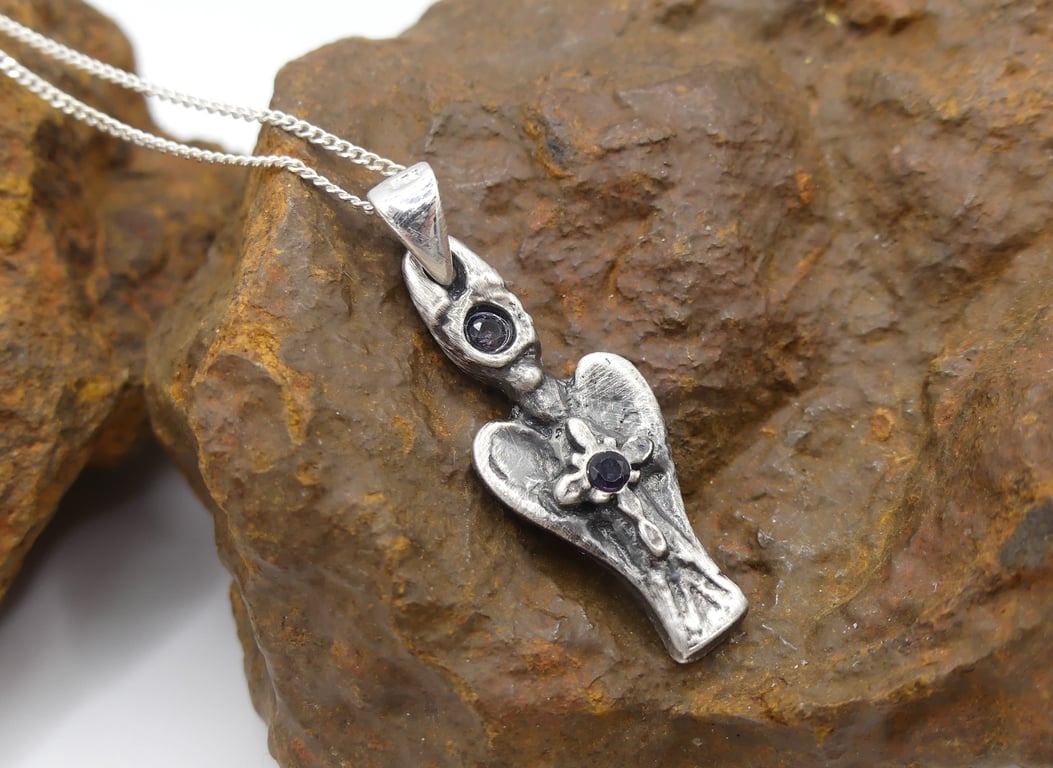 Fine Silver Angel with Cross & Two Amethyst Gemstones Pendant Necklace.