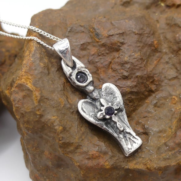 Fine Silver Angel with Cross & Two Amethyst Gemstones Pendant Necklace.