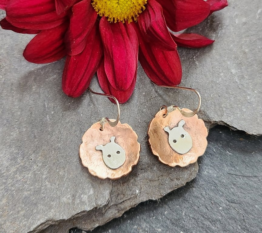 Sheep earrings in copper and sterling silver