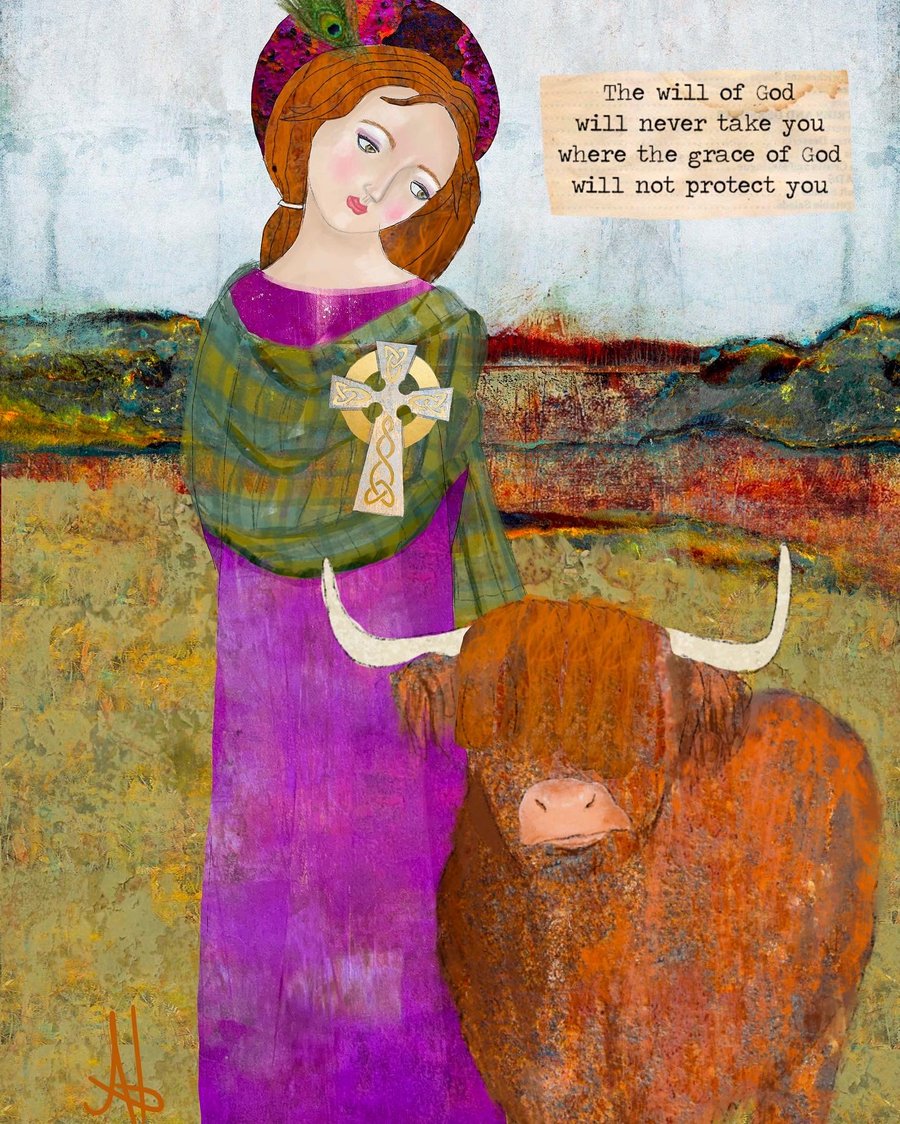 Scottish Celtic Woman & Highland Cow Art Print