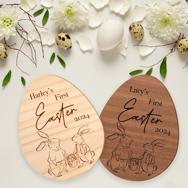 Personalised First Easter Egg: Rabbit Design, Wooden Egg, Custom Name