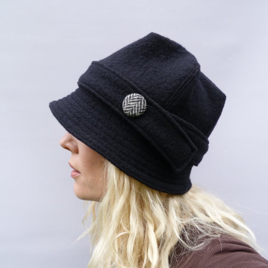 Womens Cloche Hat - Black Boiled Wool