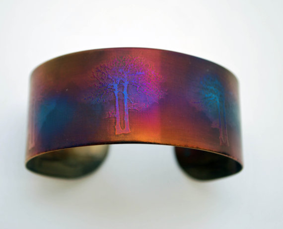 Coloured steel trees cuff, Multi coloured stainless steel plant bangle