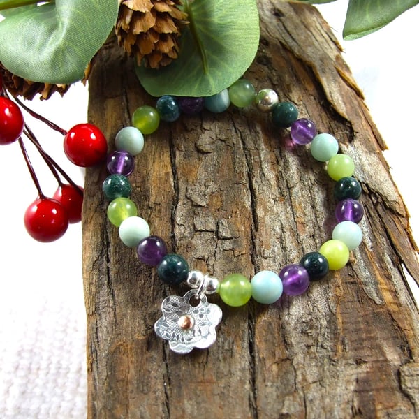 Gemstone Bracelet in Greens & Purple with Handmade Sterling Silver Flower Charm