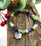 Gemstone Bracelet in Greens & Purple with Handmade Sterling Silver Flower Charm
