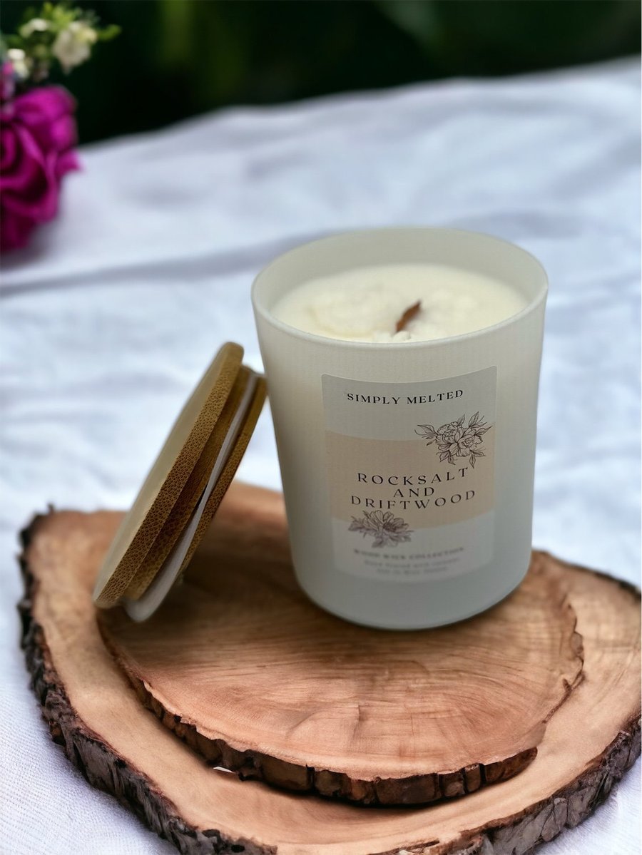Rocksalt and Driftwood Scented Candle, Wood Wick Candles, Coconut Natural Wax, H