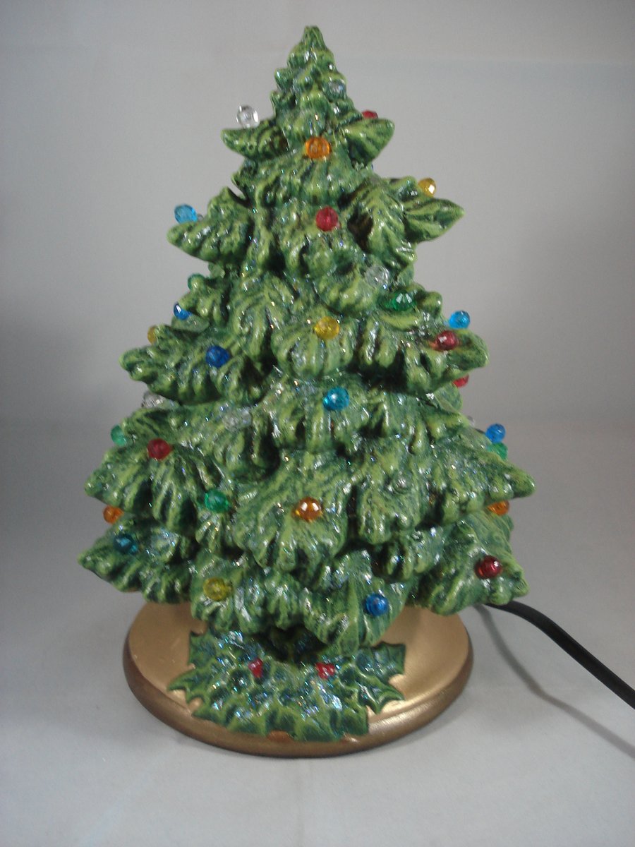 Small Green Ceramic Xmas Christmas Tree Table Lamp Light Ornament Decoration.