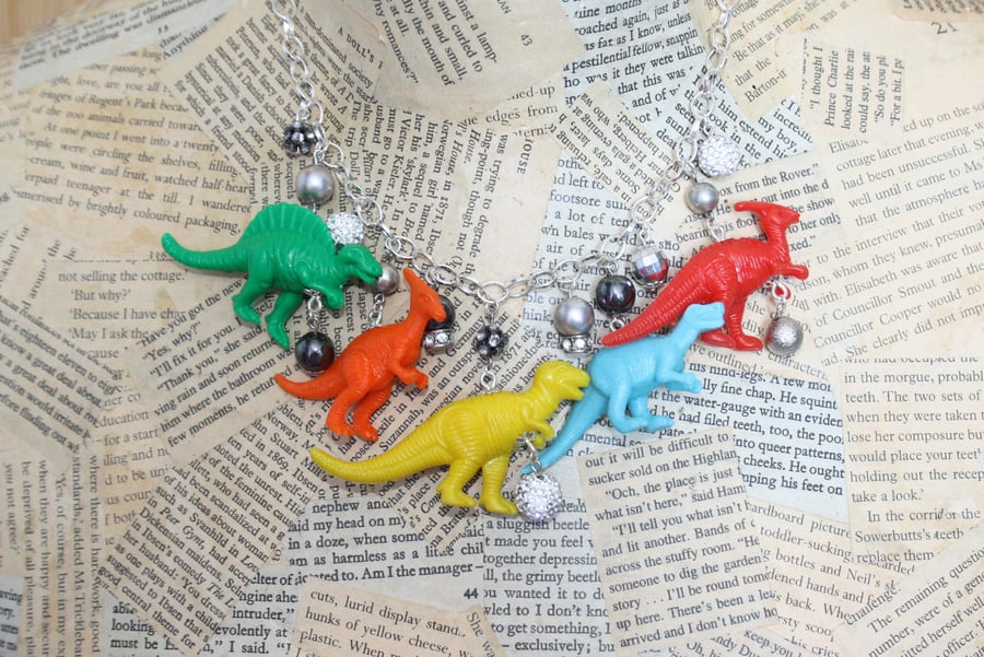 Rainbow Dinosaur Silver Bead Statement Necklace