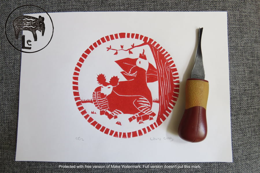 Red A4 Okapi Lino print (OE12)