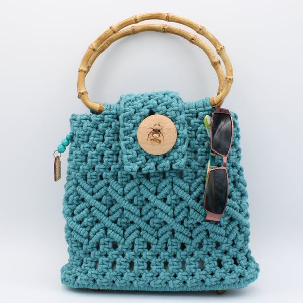 Blue macramé handbag