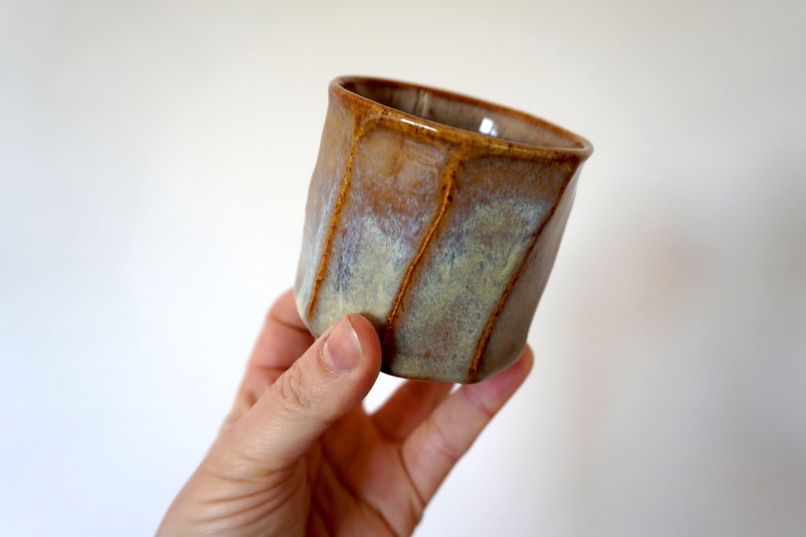 Hand thrown espresso stoneware cups with faceted outside texture