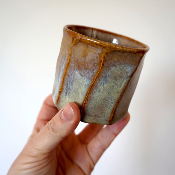 Hand thrown espresso stoneware cups with faceted outside texture