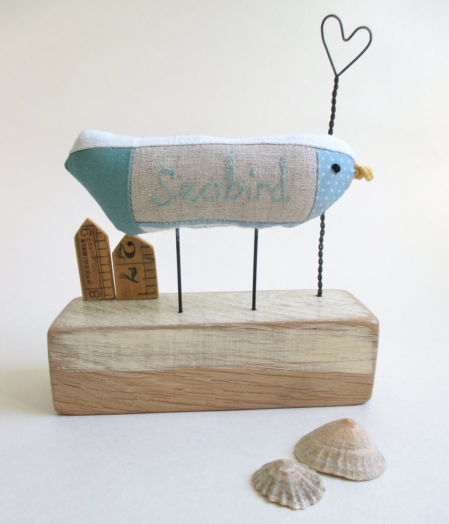SALE - Fabric Seabird with Wire Heart and Little Huts