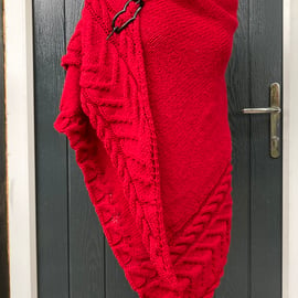 Hand Knitted Textured Red Triangle Shawl 
