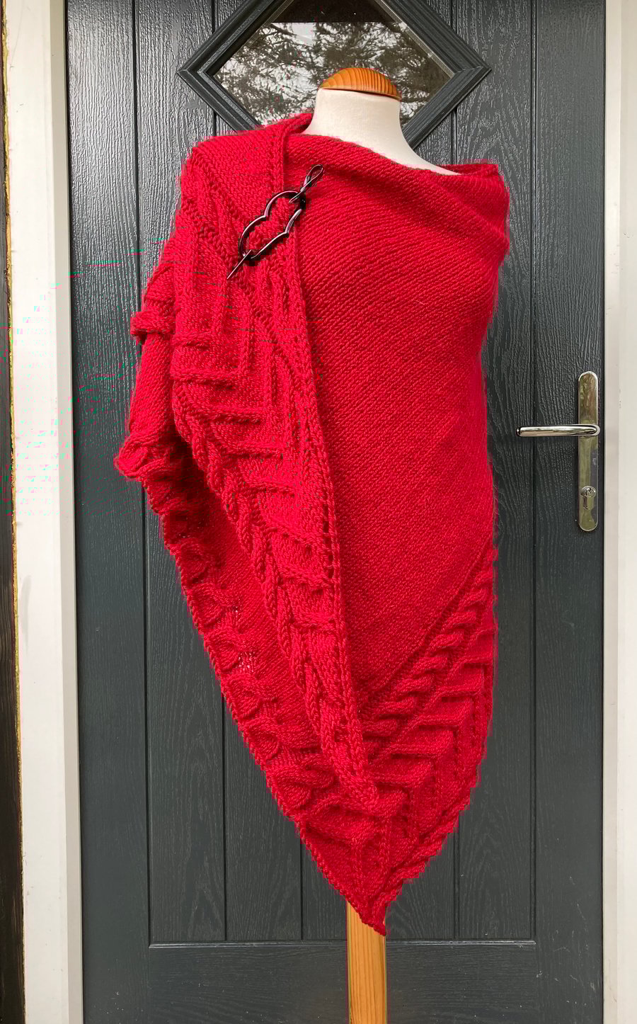 Hand Knitted Handmade Cables Textured Red Wool Triangle Shawl Wrap Scarf