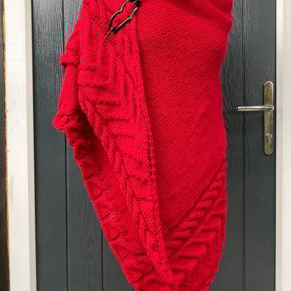 Hand Knitted Handmade Cables Textured Red Wool Triangle Shawl Wrap Scarf