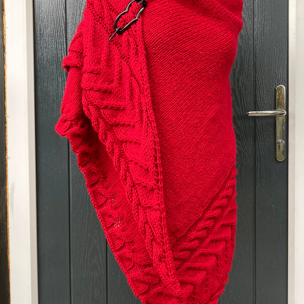 Hand Knitted Textured Red Triangle Shawl 