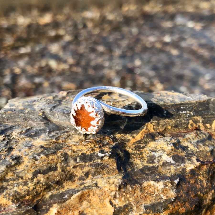 Brown Twist Statement Sea Glass and Sterling Silver Ring- Size Q  - 1253