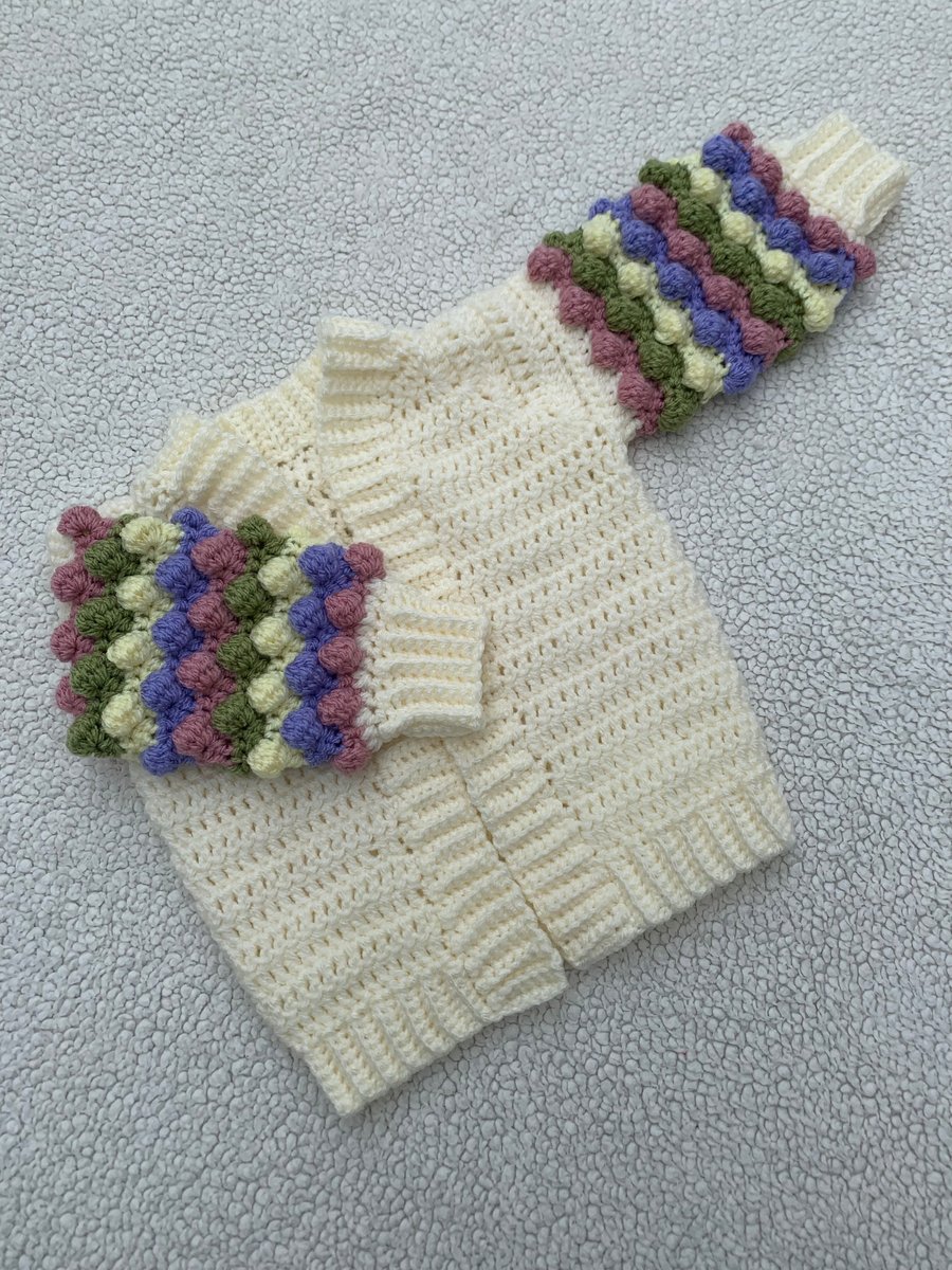 Cream Bobble Sleeve Cardigan - Handmade Crochet Baby & Children's Cardigan