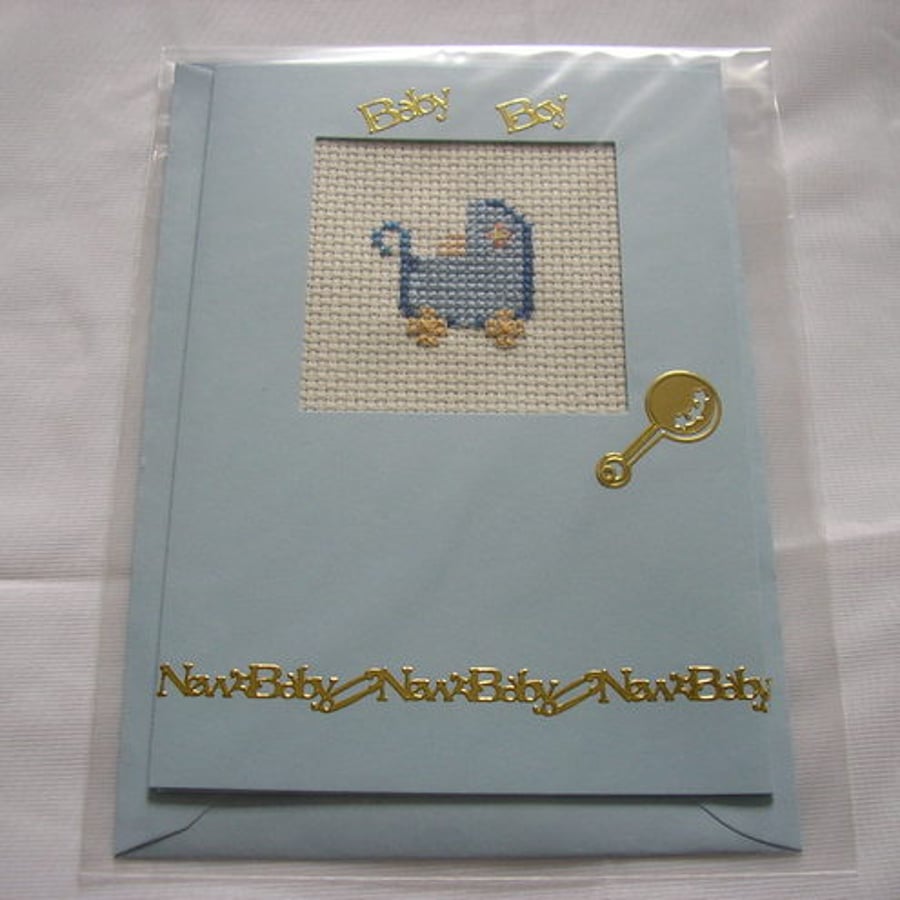 Hand Embroidered  - New Baby Boy Card 