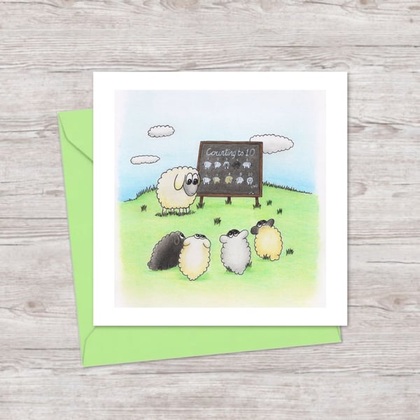 Counting Sheep Greetings Card: Cute Lambs Maths Lesson Illustration (216)