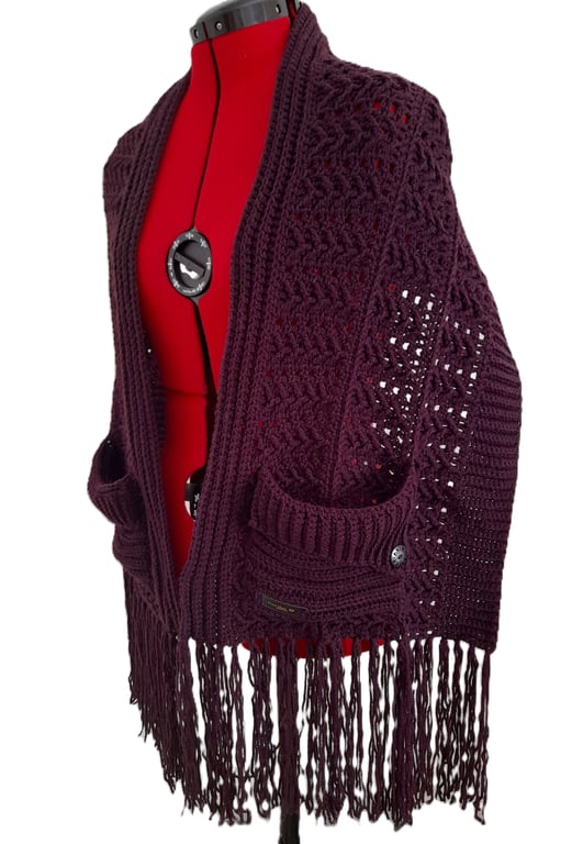  Crochet Pocket Shawl, Cosy Textured Wrap, Fringed Scarf With Pockets