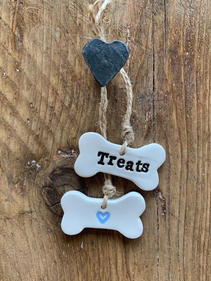 Treats Bone and a Pale Blue Love Heart Bone Ceramic Labels