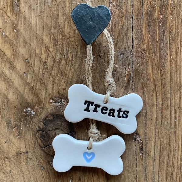 Treats Bone and a Pale Blue Love Heart Bone Ceramic Labels