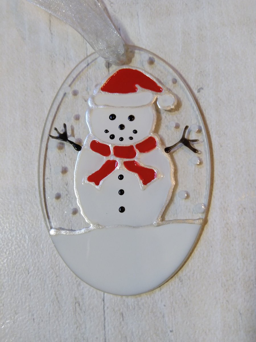 Snowman Christmas decoration. Hand painted glass.