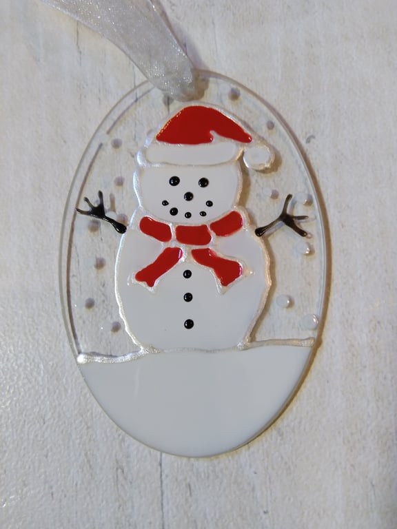 Snowman Christmas decoration. Hand painted glass.