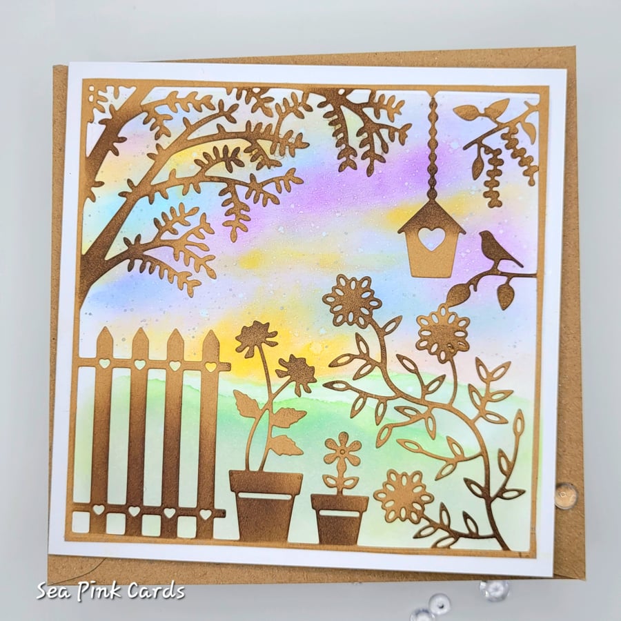 Blank Card - Garden View, Sky, Birdhouse, Birthday, Mother's Day, Father's Day