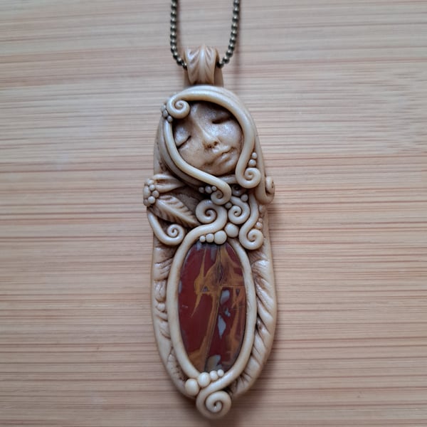 Noreena Jasper Crystal and Polymer Clay Goddess Amulet Pendant 