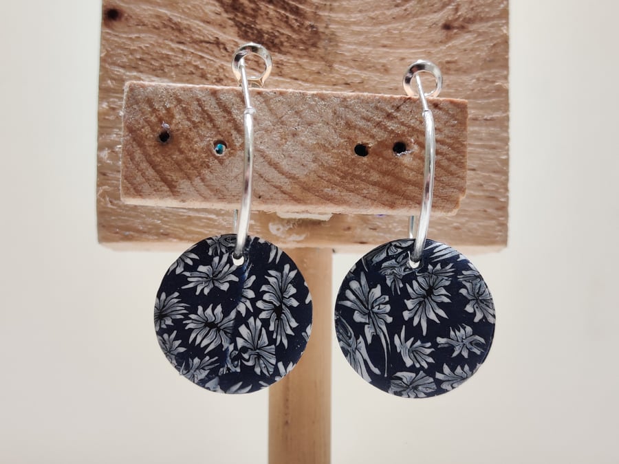 Floral navy polymer clay pebble hook earrings