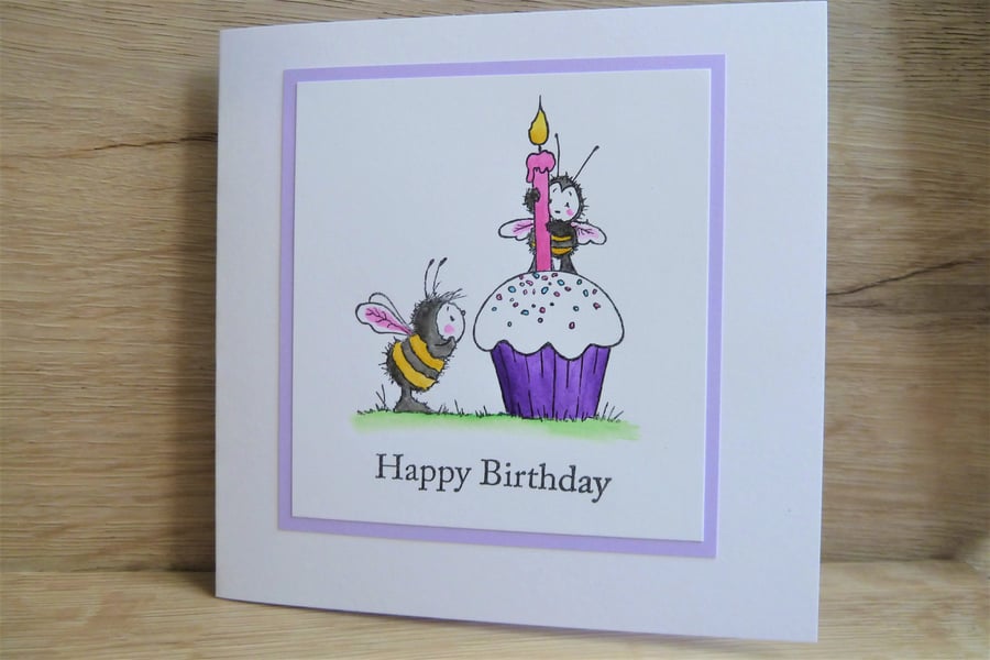 happy birthday card, bee with purple cupcake