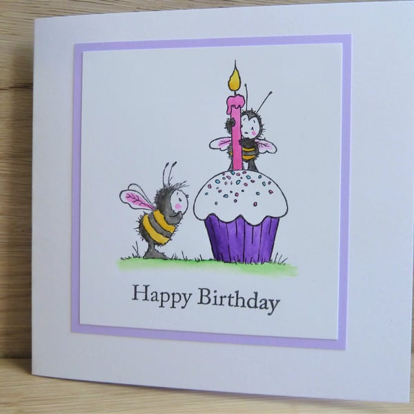 happy birthday card, bee with purple cupcake