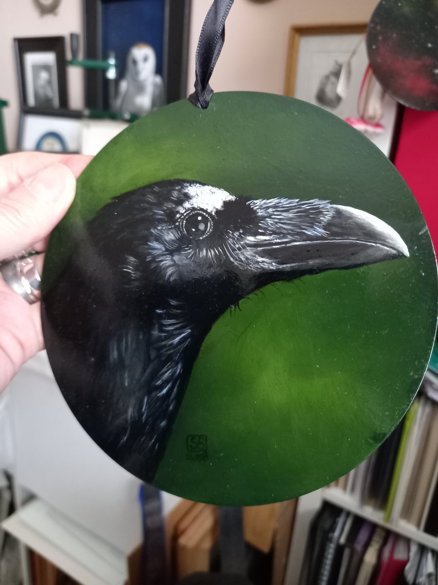 Small round raven oil painting