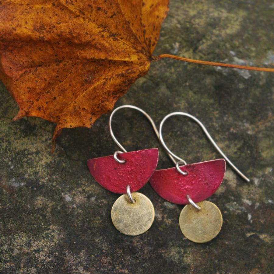 Red Copper Half Moon Earrings with a Brass Circle