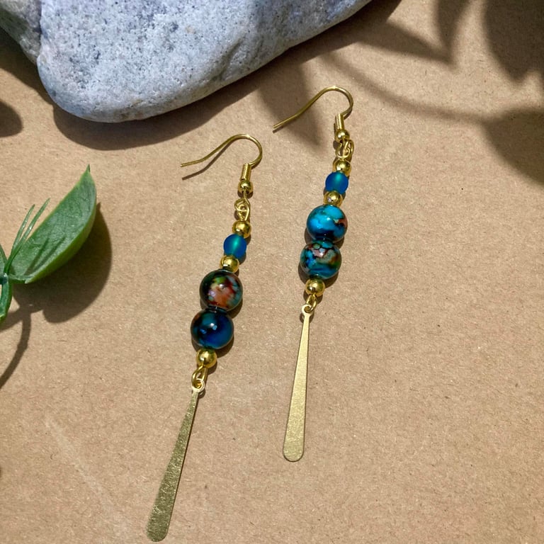 Gold Boho Earrings Vibrant Ocean Beads & Dangle Charm - Drop 2”, Freepost