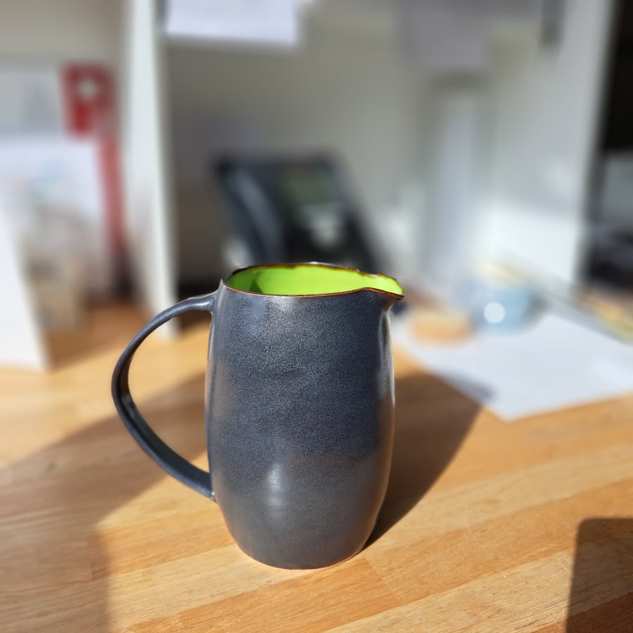 HAND THROWN CERAMIC TALL JUG - glazed in green and charcoal