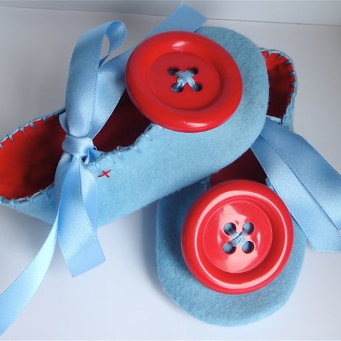 Big Button Red and Blue felt baby Shoes/Booties