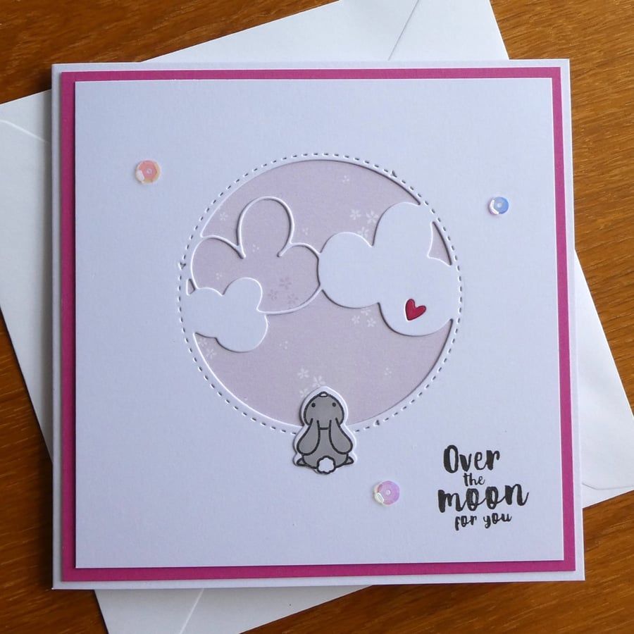 New Baby Card - Over the Moon for you - Rabbit With Clouds - Pink