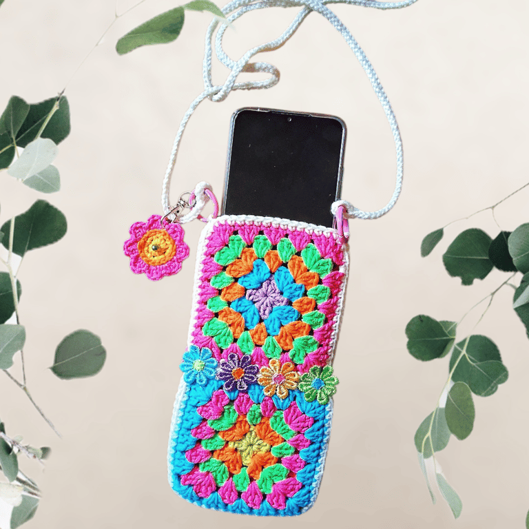 colourful crochet granny square boho phone bag with flower key charm